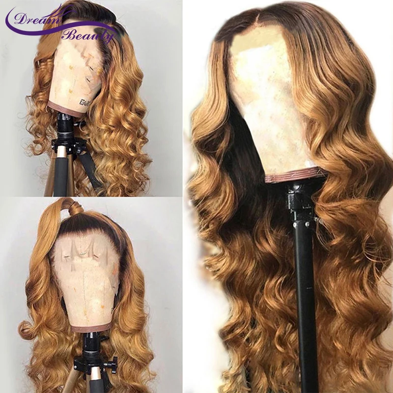  180 Density Ombre Human Hair Wig with Baby Hair Colored 1b/27 Dark Roots Honey Blonde 13X6Lace Fron