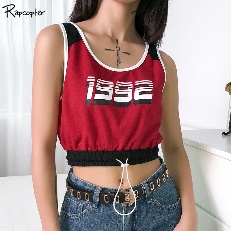 

Rapcopter Drawstring Cotton Printed Letter Patchwork Crop Vest Top Women Harajuku Casual Sport Style Summer Sleeveless Tank Tops