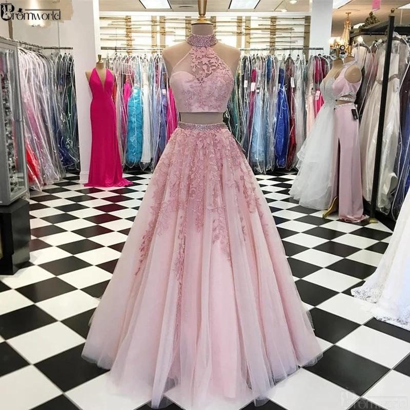 Розовые платья для выпускного вечера,, vestidos de gala, с высоким горлом, из бисера, тюль, кружево, а-силуэт, две части, вечерние платья Maxys, длинное платье для выпускного вечера, вечернее платье