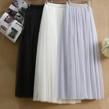 

Hot Sale Womens Mesh SkirtsWith Lined Female Elastic High Waist Tulle Skirts Fashion Long Pleated Tutu Skirt