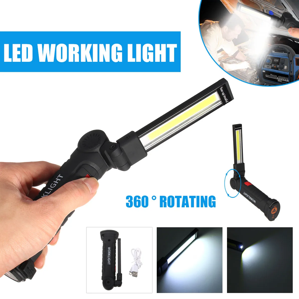 

COB Flashlight Torch Magnetic LED Work Light USB Rechargeable COB Working Lamp + 18650 Battery For Outdoor Camping Car Repairing
