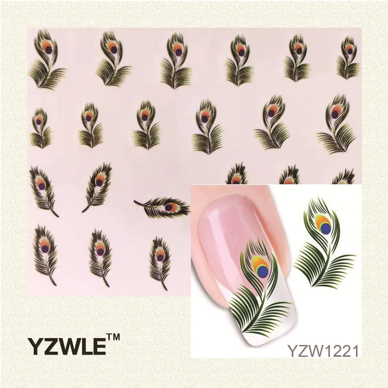 

YWK Hot Sale 1 Sheet Green Peacock Feathers Watermark Sticker For Nail Art, DIY Water Transfer Decal Nail Tools