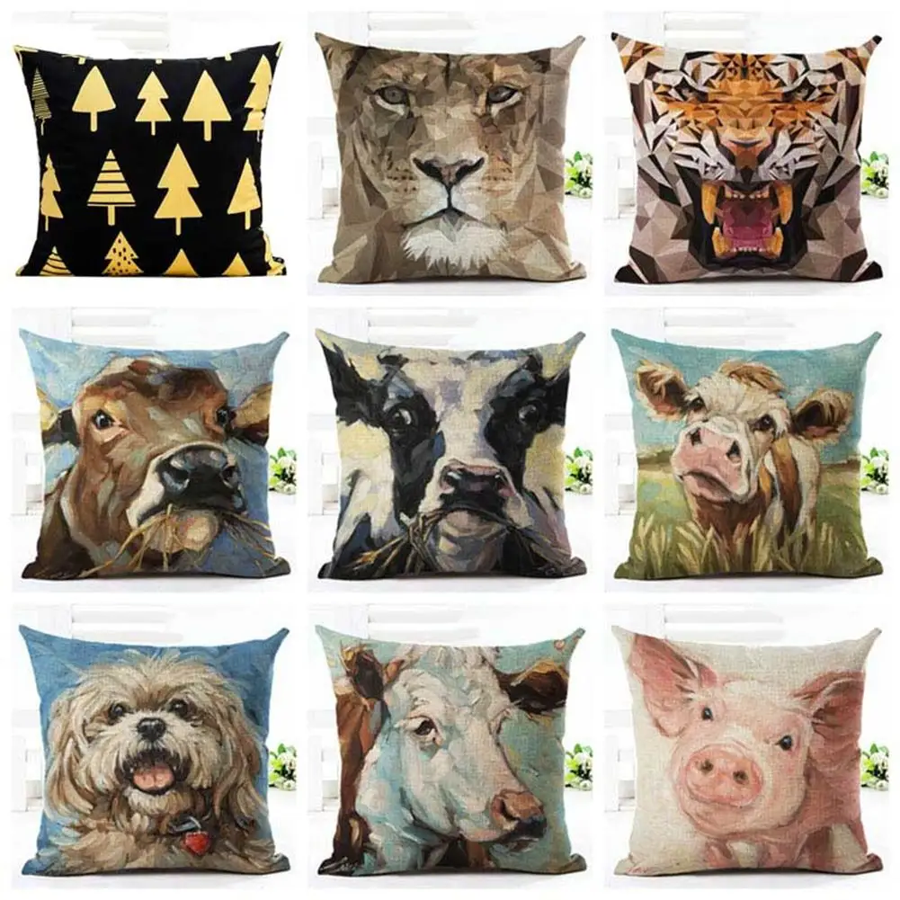 

45cm x 45cm Tiger Dog Animal Pattern Oil Painting Style Cushion Cover Home Decorative Throw Pillow Case