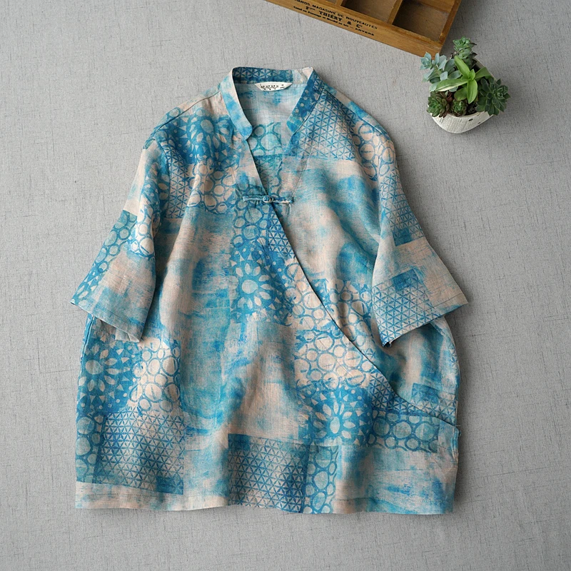 

Summer New Women Casual Brief All-match Loose Plus Size Chinese Style Buttons Print V-neck Comfortable Thin Ramie Shirts/Blouses