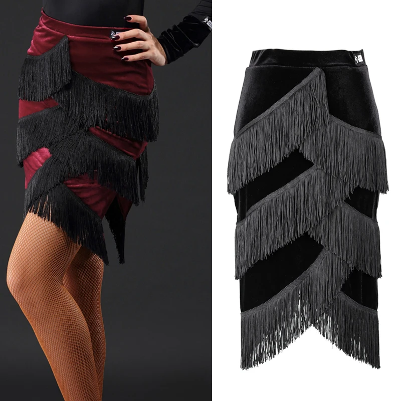 

Women Latin Dance Skirt For Ladies Velvet Cloth vs Black Fringe Skirt Rumba Flamenco Professional Black Dance Costume VDB182