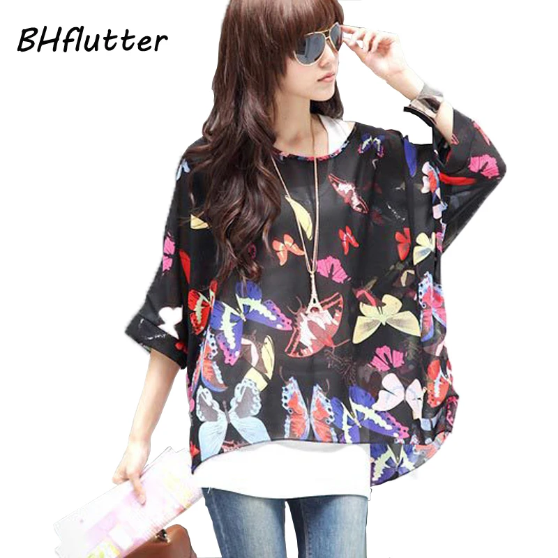 Блузка женская шифоновая с цветочным принтом размеры до 4XL|shirts for women|women chiffon