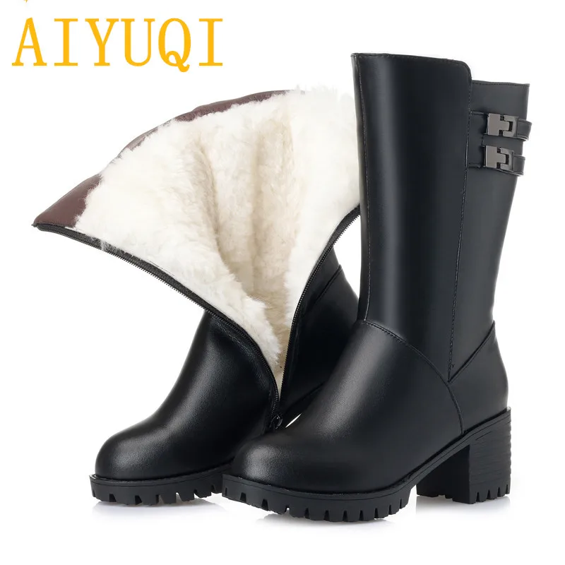 

AIYUQI Women snow boots 2019 new genuine leather women boots, trend high-heeled big size thick wool winter boots women shoes
