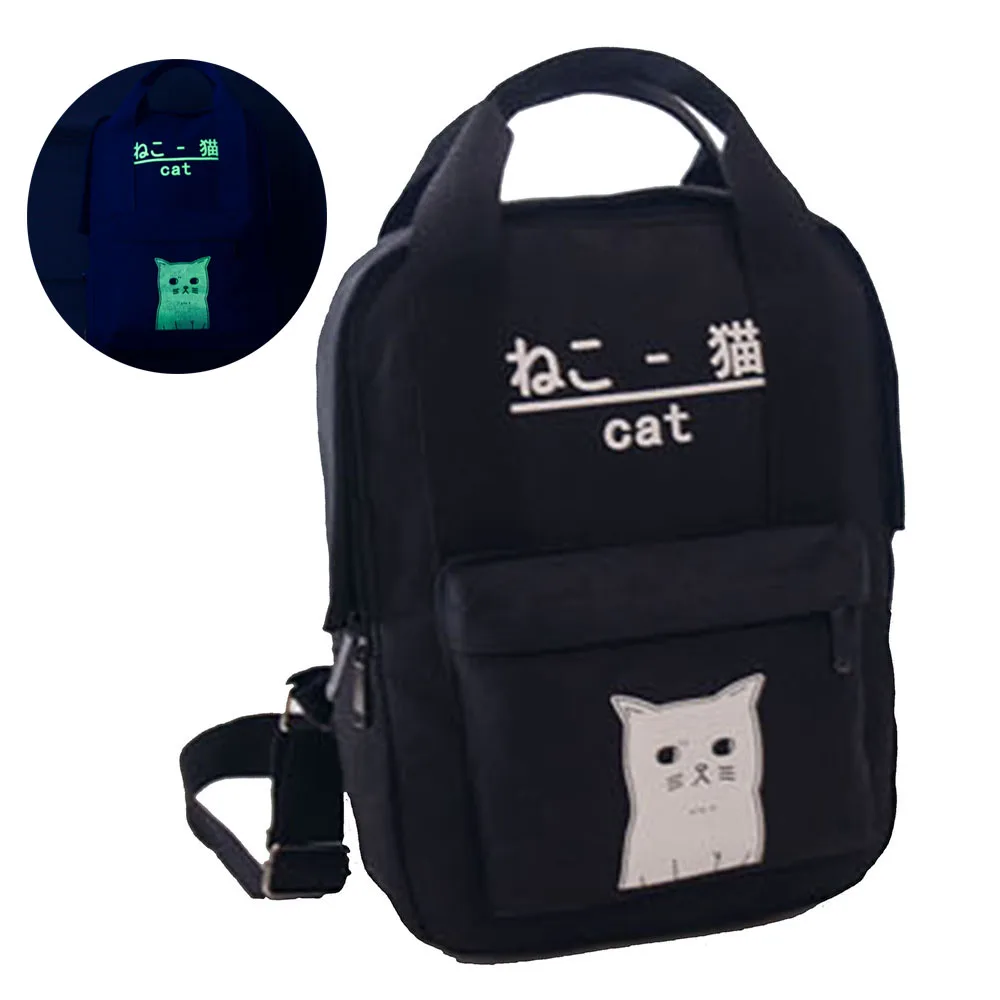 Women Ladies Luminous Cute Harajuku Cat Canvas Casual Daypack School Bags Travel Backpack Rucksack Teenager Girls