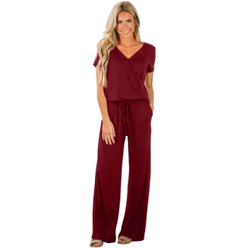 

New Hot Women's V-neck Short-sleeved High-waist Jumpsuit Fashion Solid Color with Elastic Pockets Wide Leg Oversize Bodysuits