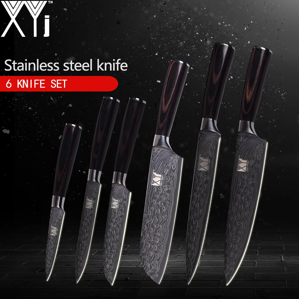 

XYj 6pcs Set Kitchen Knives 7Cr17 Stainless Steel Knife Pretty Patterned Cooking Tools Paring Utility Santoku Slicing Chef Knife