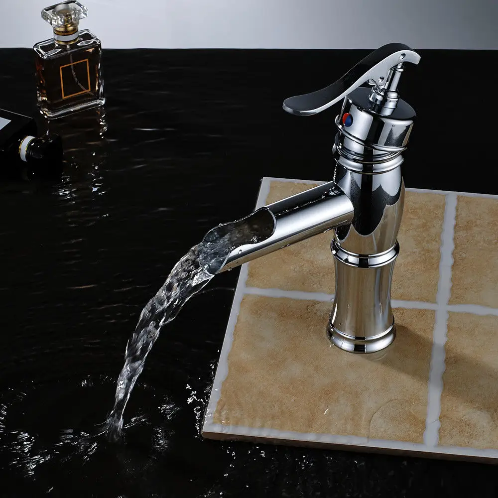 

Chrome Finish Waterfall Spout Basin Faucet Single Handle Hole Bathroom Vanity Sink Faucet Basin Mixer Tap