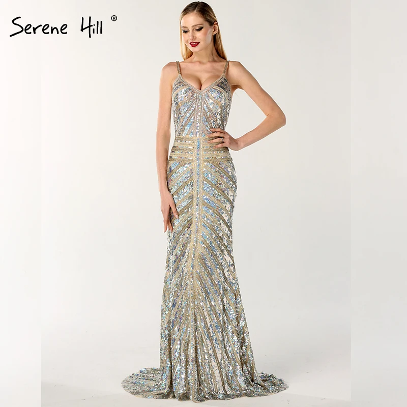 

2018 Mermaid Sequined Luxury Sexy Evening Dresses Long Dubai Sleeveless Sparkle Evening Party Real Photo LA6644