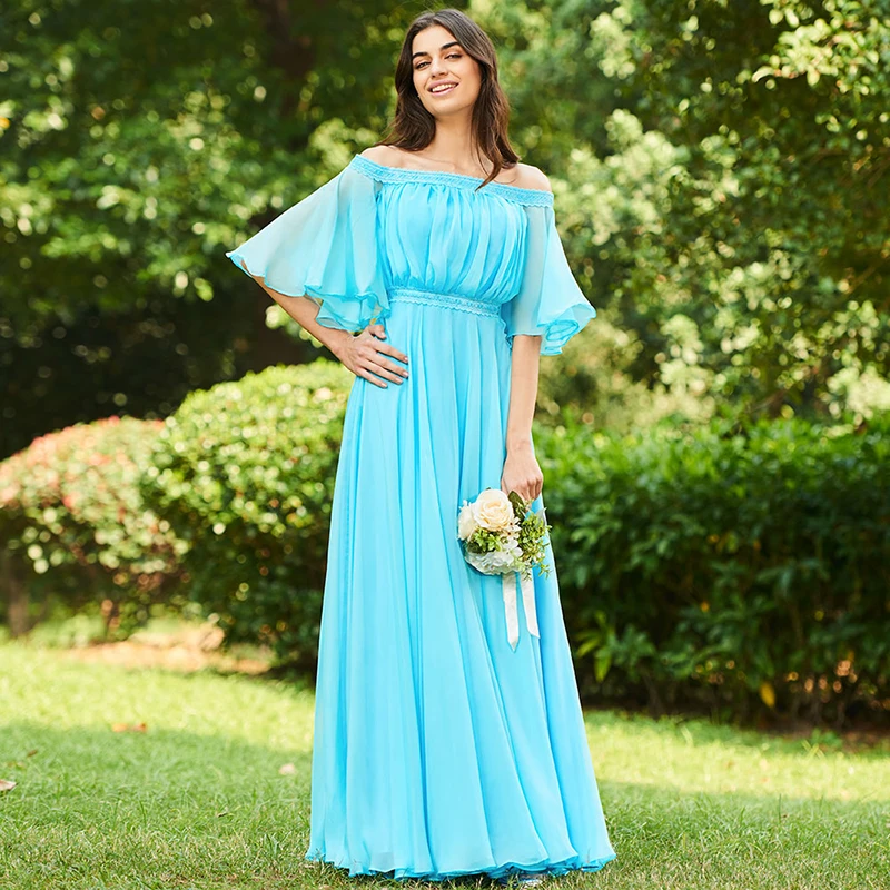 

Tanpell long off the shoulder a line bridesmaid dresses women ice blue half sleeves wedding party plus customed bridesmaid dress