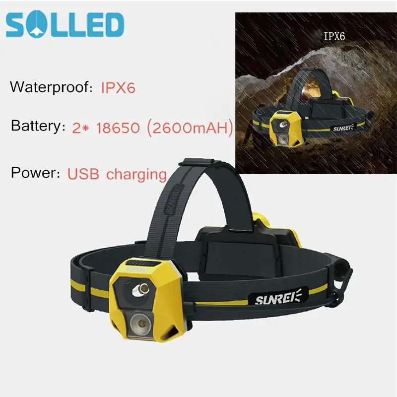 SOLLED USB Charging Double Light Caving Headlamp IPX6 Waterproof Head
