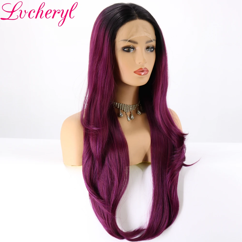 Lvcheryl Natural Long Ombre Black To Mixed Purple Hair High Density Heat Resistant Glueless Synthetic Lace Front Wigs