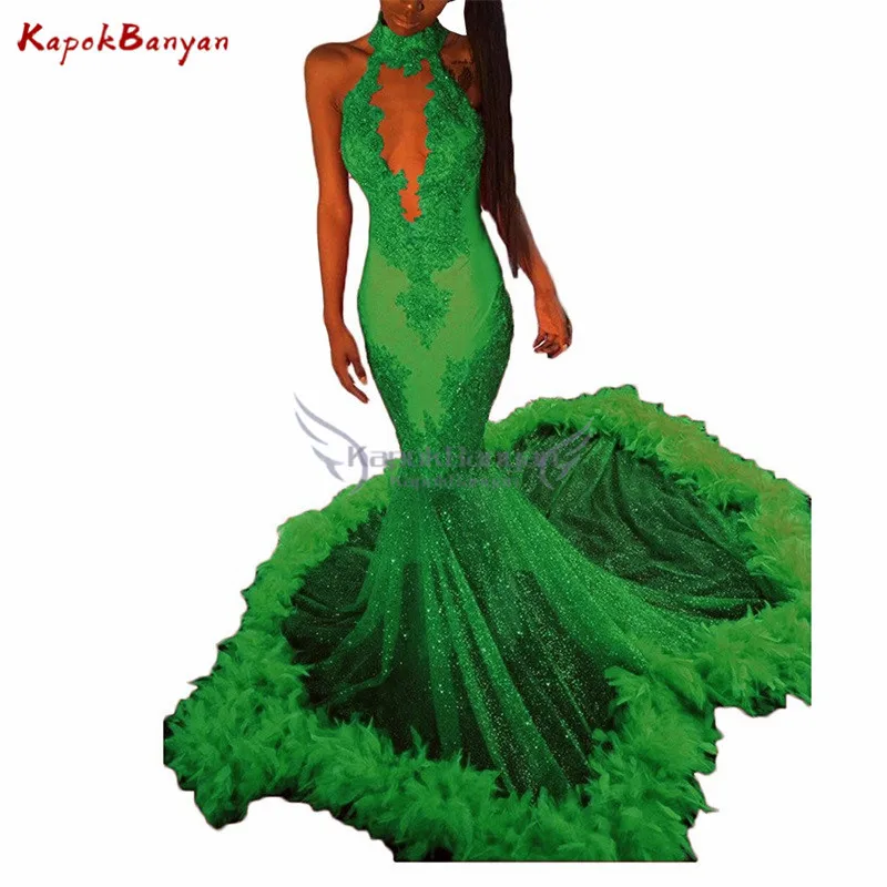 Красная Аппликация Холтер сексуальное длинное Русалка платье для выпускного бала без рукавов с открытой спиной перо поезд роскошное платье для выпускного вечера - Цвет: Green