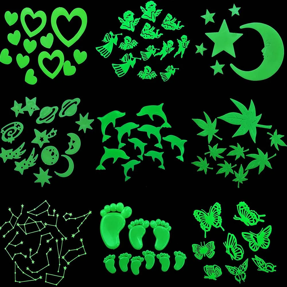 

2018 Fluorescent Stickers Snowflake/moon star/butterfly/Universe Planet Star Glow Dark Luminous Paste Ceiling Decoration