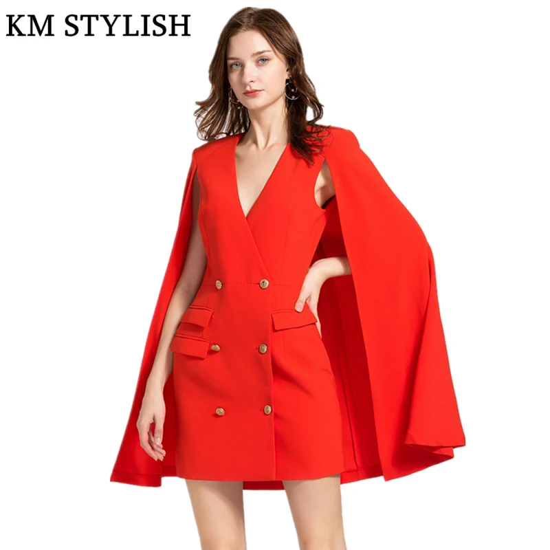 2018 Autumn New Cloak Sleeves Blazer Slim V-neck Red Mini Suit Dress With Pockets Female Dresses
