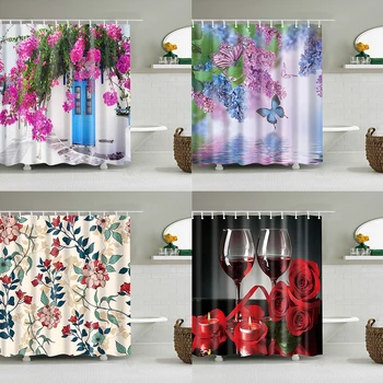 

Flowers Printed Mildewproof Shower Curtain Waterproof Polyester Butterfly Curtain Bathroom Curtain with Hooks Home Decoration