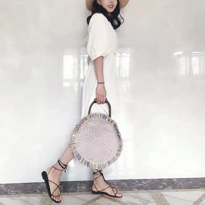 Straw Handle Bag Large Summer Shoulder Bag Beach Round Tote Natural Woven Bag With Top Handles Tassels Decor