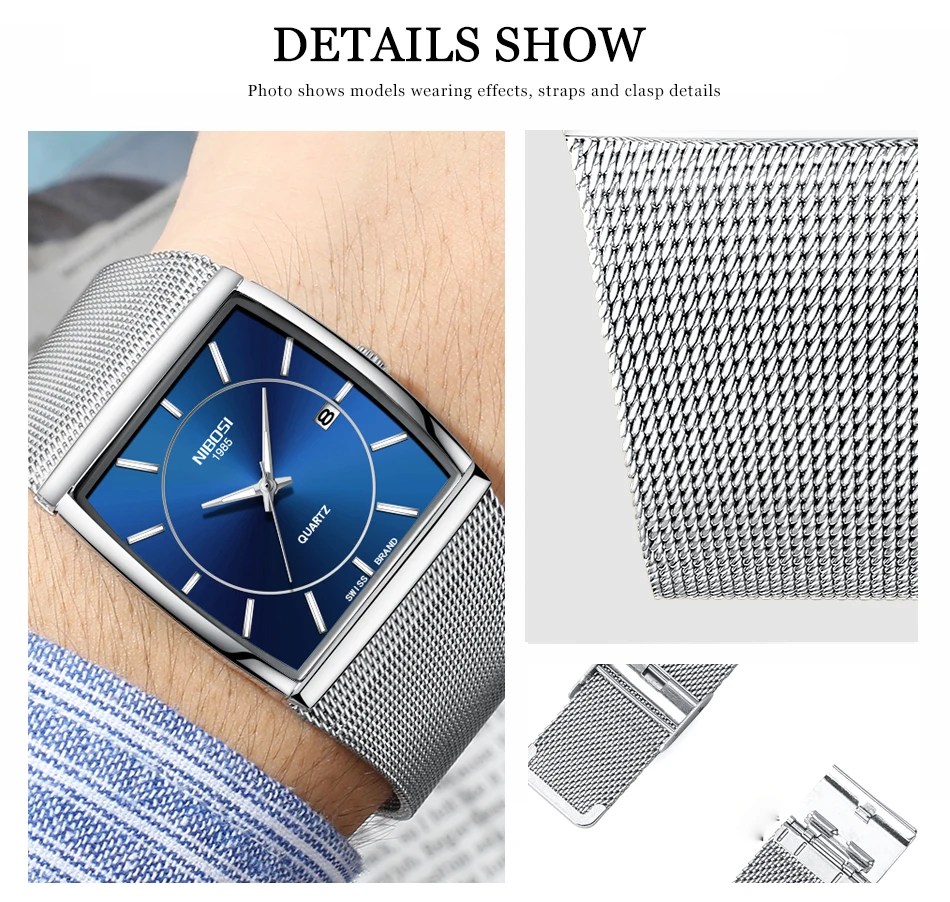 Luxury Quartz Watch Men Waterproof Simple Square Men's Watches Mesh Stainless Steel Dress Casual Man Clock Relogio Masculino     (5)