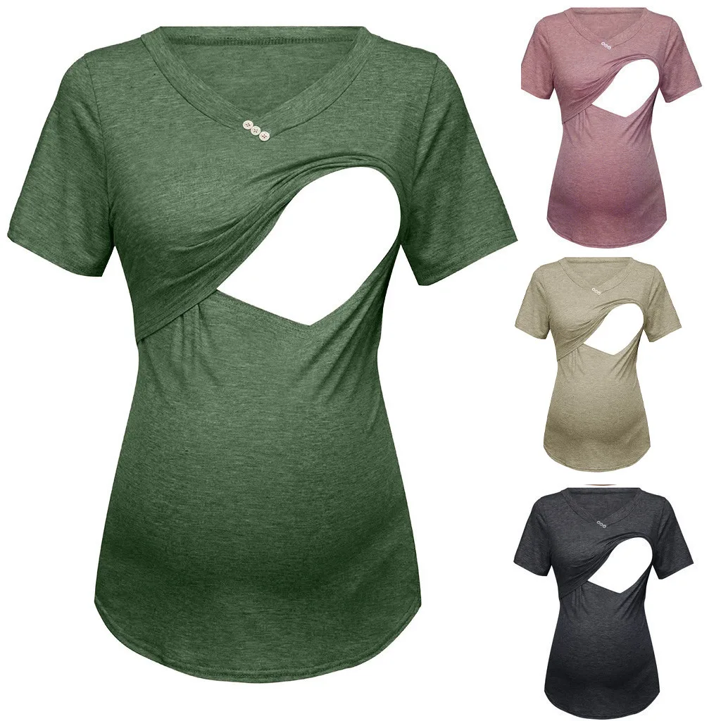 Женская блузка для беременных с коротким рукавом, однотонная одежда для кормления грудью, топы для женщин, рубашки для беременных, Ropa Embarazada
