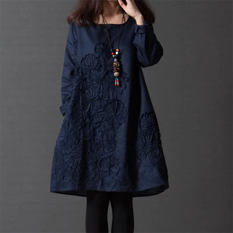 

Cotton Linen Appliques Solid Color Dress Women Clothes 2019 Autumn New Long Sleeve Casual Pockets Robes O-Neck Plus Size 3XL