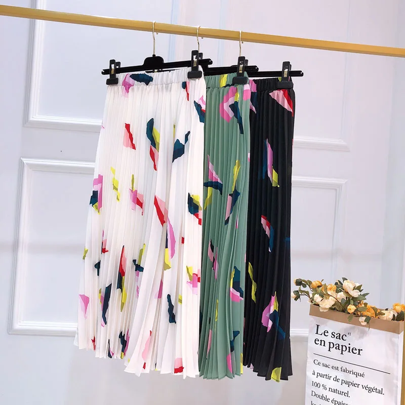 

Color color skirt girl summer of 1920-2019 blocks of random printing gentle chiffon skirts women
