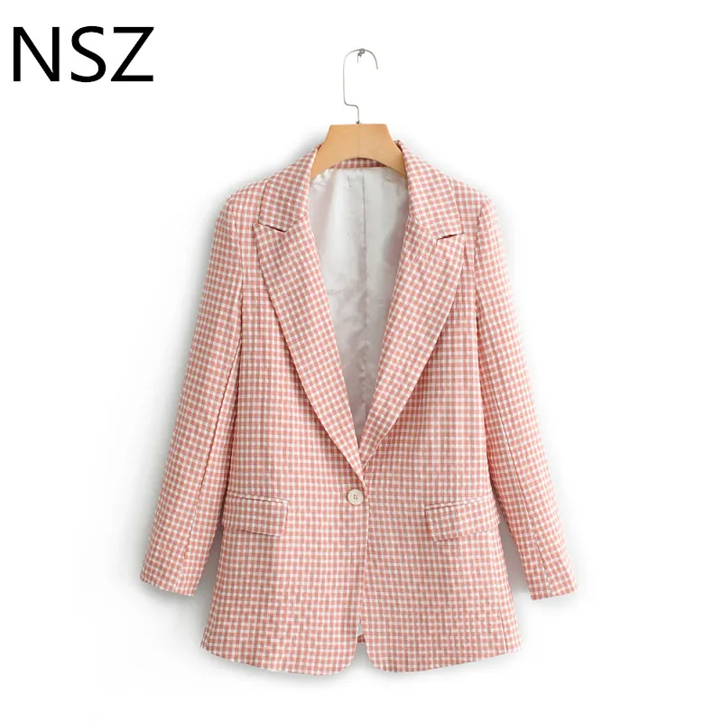 NSZ женский хлопковый розовый клетчатый офисный женский клетчатый блейзер с длинным рукавом, куртка на одной пуговице, блейзер для работы, деловое пальто, верхняя одежда - Цвет: Розовый