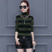 Европейская Женская Осенняя новая рубашка с длинными рукавами Корейская тонкая полосатая водолазка футболка темперамент женская одежда