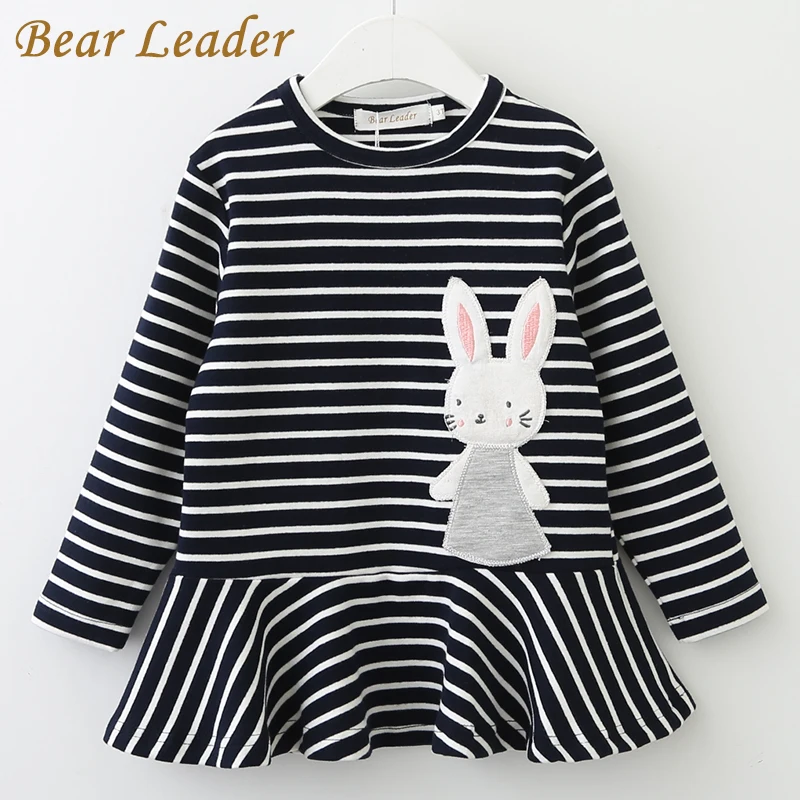 Bear leader/платье для девочек; Новинка г.; Весенняя брендовая одежда для девочек с длинными рукавами и рисунком кролика; кружевная одежда в полоску для девочек; одежда для детей