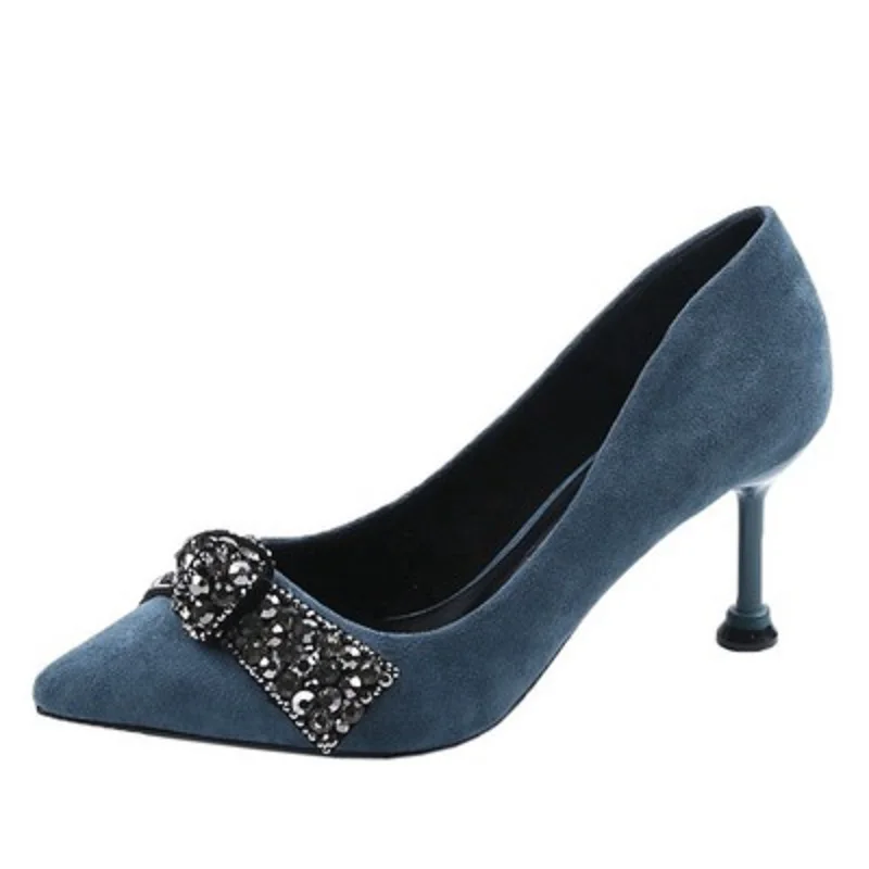 

High heel female bow rhinestone pointed single shoes 2019 new fine with shallow mouth professional women's shoes