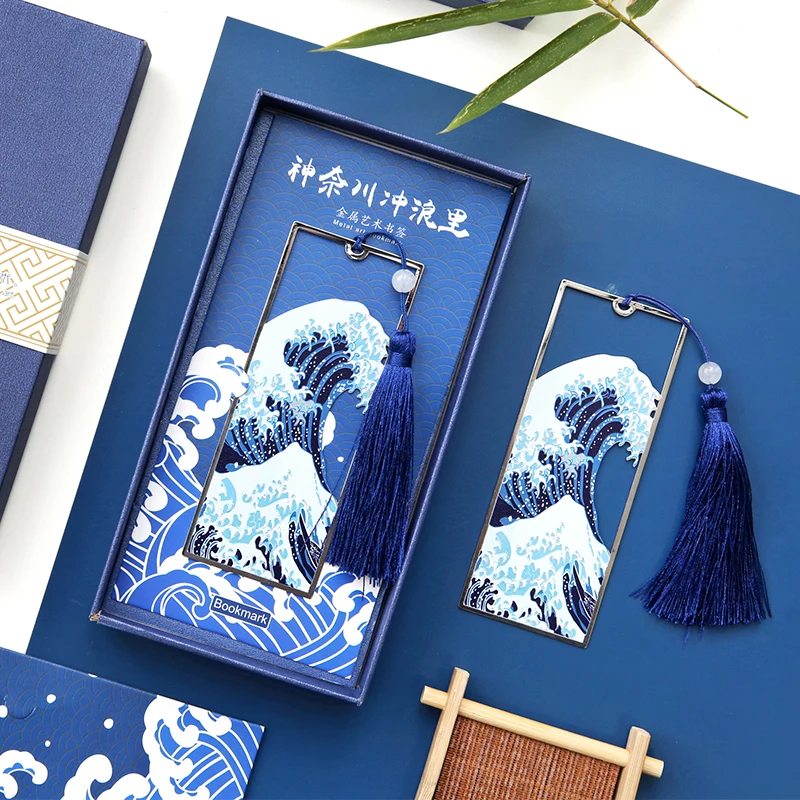 Винтажная металлическая Закладка в японском стиле Hokusai The Great Wave Off Kanagawa, длинная книжка с кисточкой, школьные офисные принадлежности