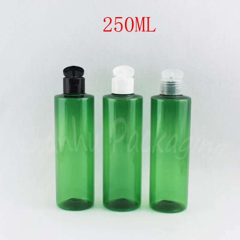 

250ML Green Flat Shoulder Plastic Bottle , 250CC Empty Cosmetic Container , Shower Gel / Lotion Sub-bottling ( 25 PC/Lot )