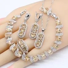 925 серебряные свадебные комплекты ювелирных изделий Для женщин Оранжевый Белый циркония Цепочки и ожерелья подвеска серьги кольца браслет Бесплатный Подарочная коробка