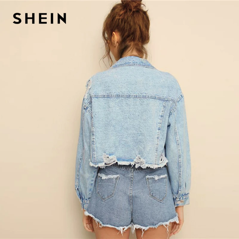 SHEIN синий потертый край укороченный джинсовый жакет женский весна осень
