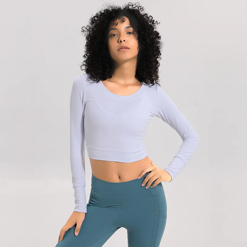 

Yoga Tops Long Sleeve Shirts Gym Sexy Crop Tops Elastic Tight Fitness Running Sport Shirts Training Exercise Workout Clothes