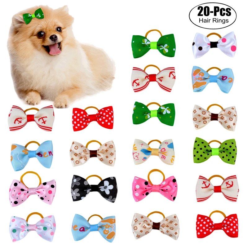 20pcs Lot Assorted Pet Cat Dog Hair Bows with Rubber Bands Grooming Accessories