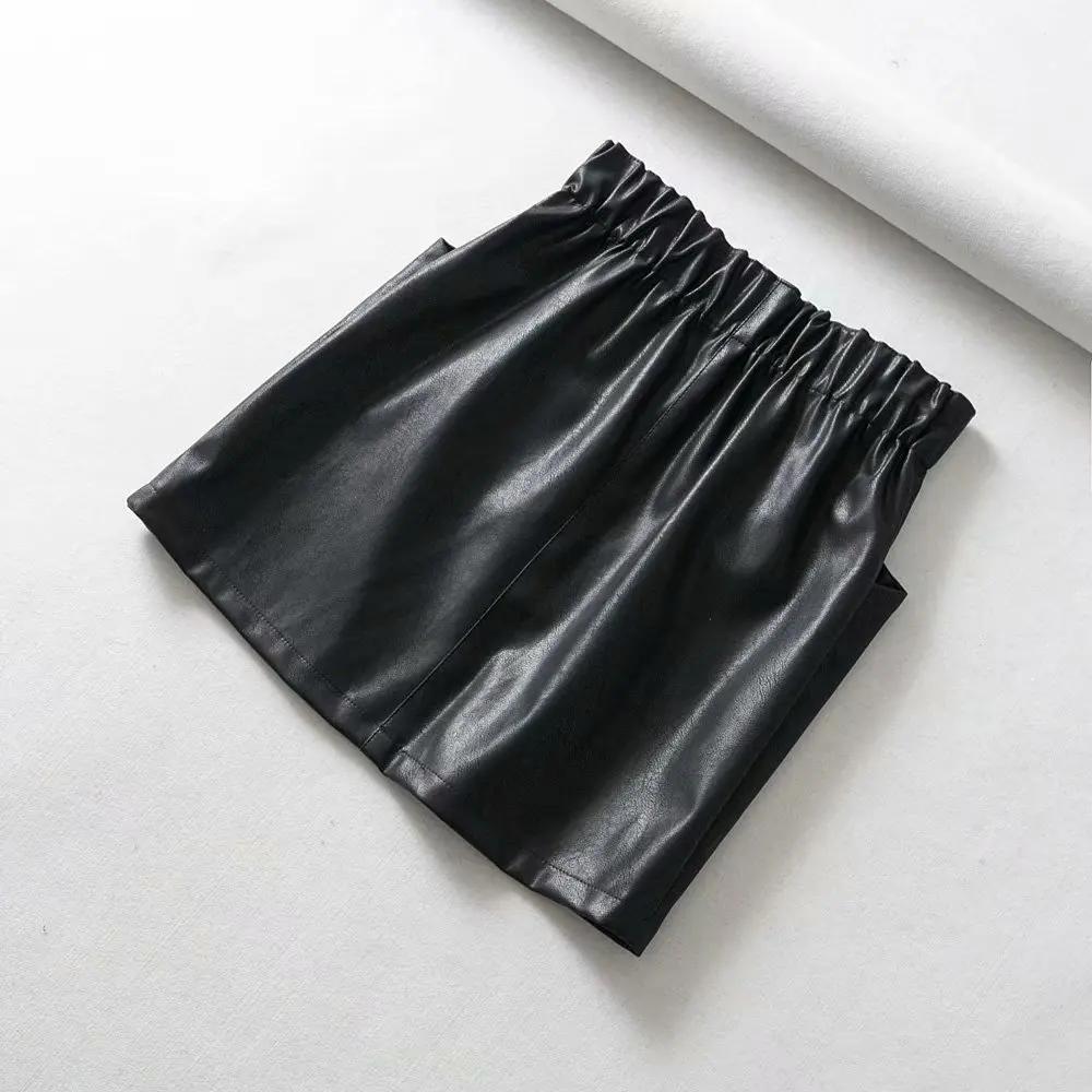 Women Skirts Above Knee Mini Women's double pocket elastic waist PU Faux leather skirt Jupe Femme Faldas Mujer
