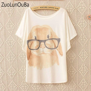 

ZuoLunOuBa 2018 summer t shirt Cute glasses rabbit harajuku women t shirts Loose Batwing sleeve Causal tees tops female big size