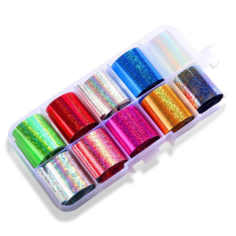 

10 Rolls Holographic Nail Art Foil Set AB Nail Transfer Laser Sticker 2.5*100cm Manicure Holo Decals Tips Decoration New Design