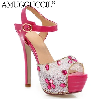 

White Peach Gold Silver Rhinestone Fashion Party Wedding High Heel Platform Summer Girl Female Women Lady Sandals L847