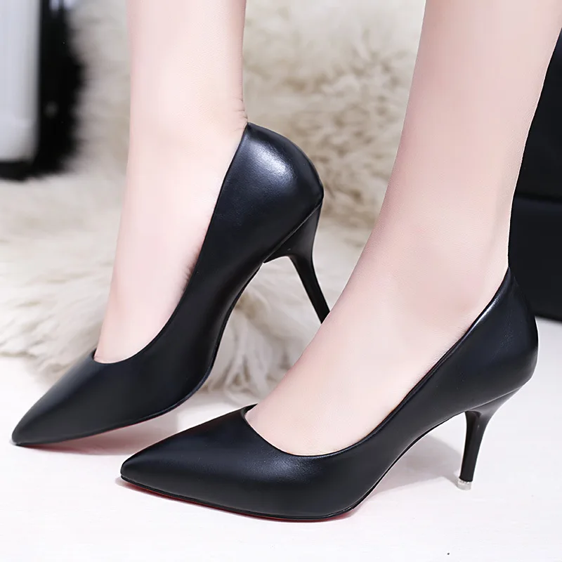 

New Women Shoes Fashion PU Leather Pumps Pointed Toe 5cm & 7cm Thin High Heels Slip-On Shallow Work Shoes Lady Sexy Female Shoes