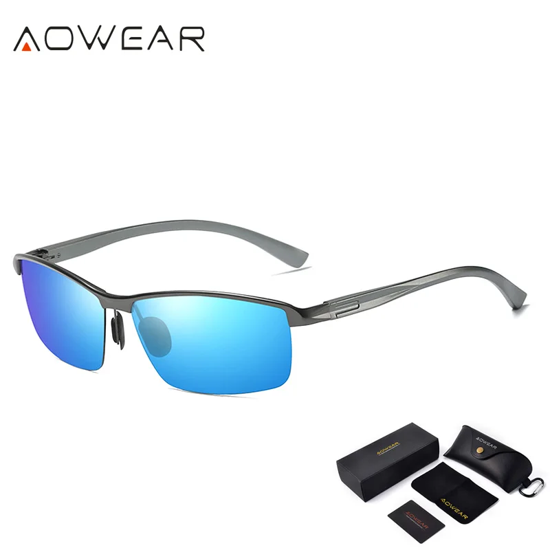 AOWEAR, мужские солнцезащитные очки без оправы, поляризационные, Ретро стиль, зеркальные линзы, солнцезащитные очки для мужчин, для вождения, для улицы, солнцезащитные очки, мужские очки - Цвет линз: C2 Gray Blue