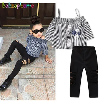 

2Piece Spring Summer Kids Wear Fashion Clothes Children Clothing Set Casual Plaid T-shirt+Hole Pants Baby Girls Outfits BC1820-1