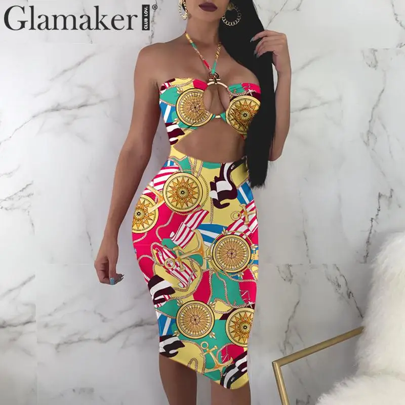 

Glamaker Vintage print sexy dress club Halter elastic beach summer dress Retro cut out tube short party dress vestidos de fiesta