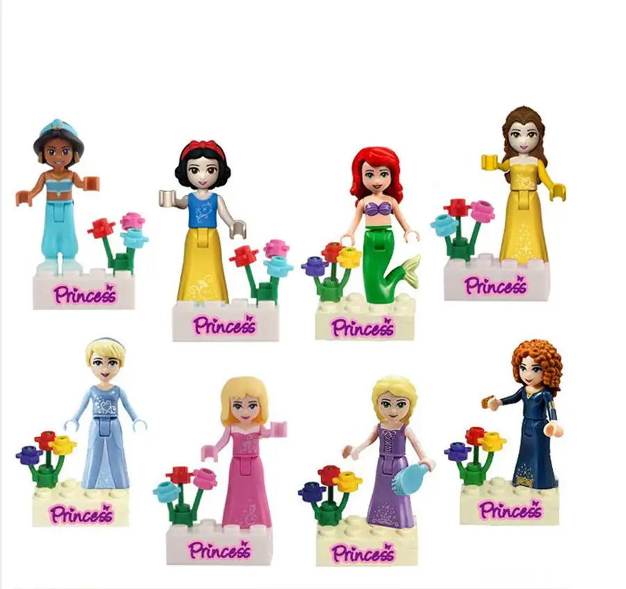 8pcs set Girl friends Movie Princess Mermaid Elsa Anna Belle Building Blocks Figures Toys