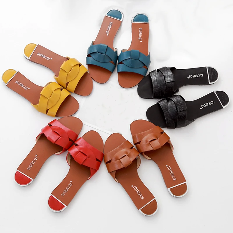 

Woman Sandals 2019 Summer Female Slippers Red Beach Sandals Leisure Flat Slippers Women Cut Out Women's Sandals Yellow/Blue Shoe