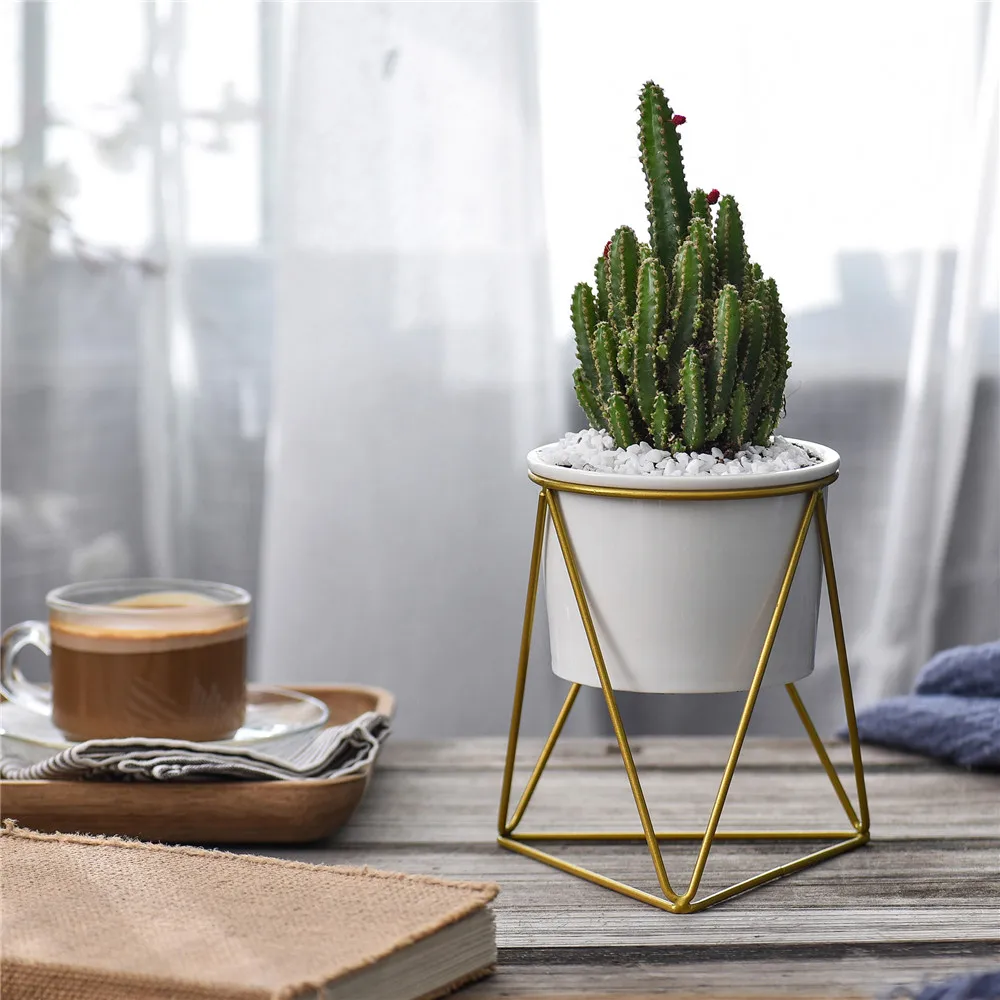 

Nordic Ceramic Vase Geometric Iron Rack Holder Stand Garden Desktop Pot Succulents Plants Holder Flowerpot Home Decoration