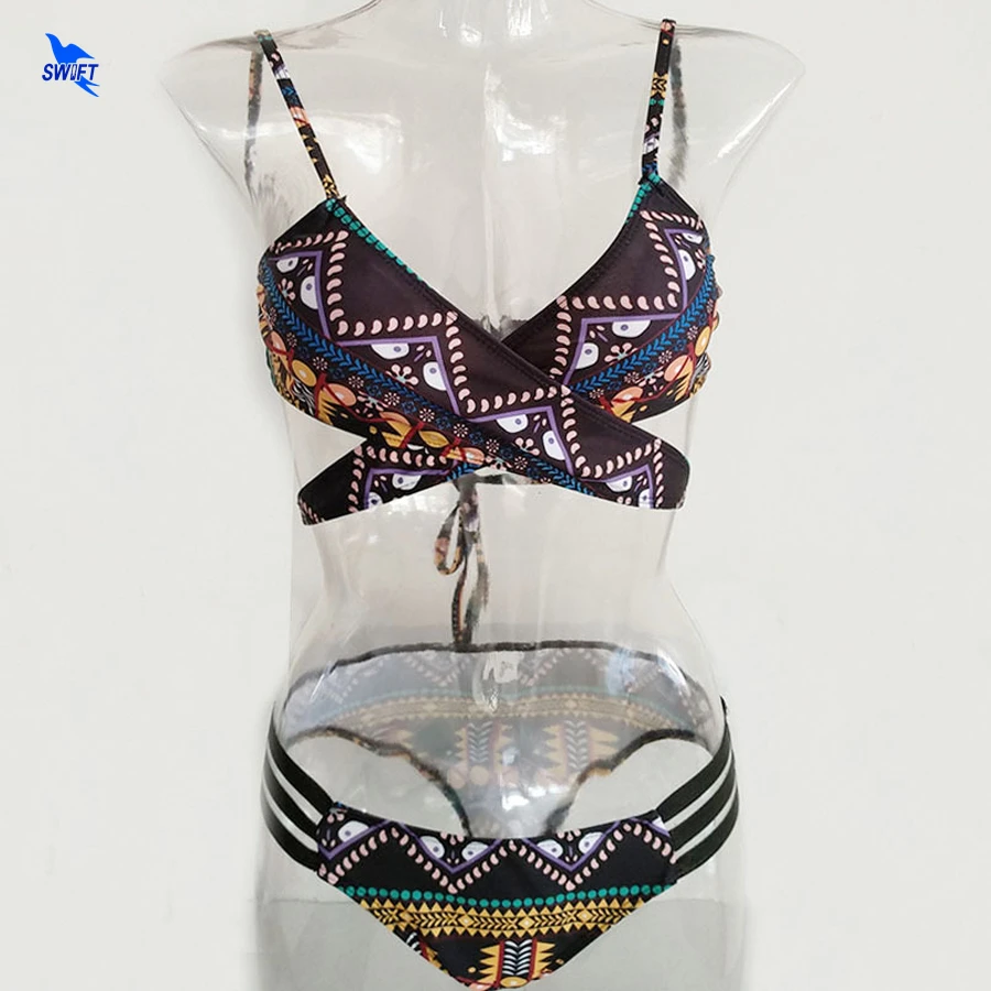 

2018 Sexy Women Bikinis Swimsuit Retro Ethnic Printed Strappy Bikini Set Bandage Biquini Swimwear Cross Beach Wear Bathing Suits